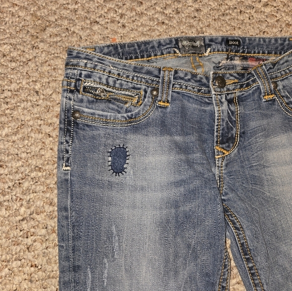 REROCK for EXPRESS Distressed Boot Blue Jeans Sz 10R Patch Work Women's - Picture 3 of 10